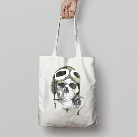 Vintage Pilot Skull with Rose Design Tote Bag