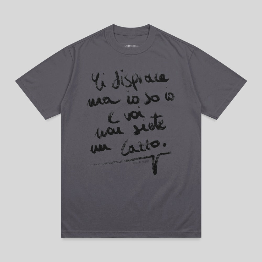 Gray t-shirt with handwritten Italian text that translates to "I'm sorry, but I am a cat."