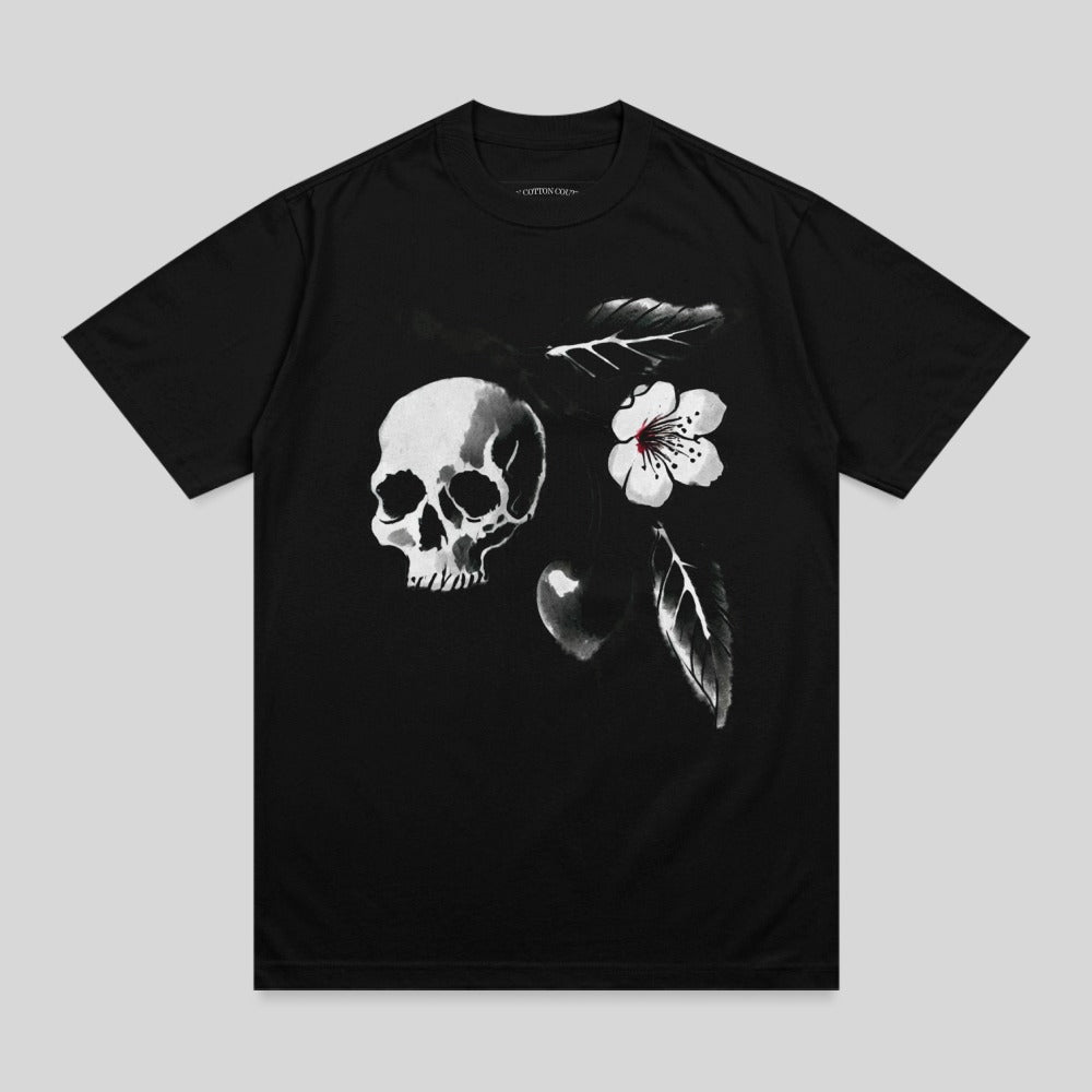 Black t-shirt with a skull, flower, and feather design.