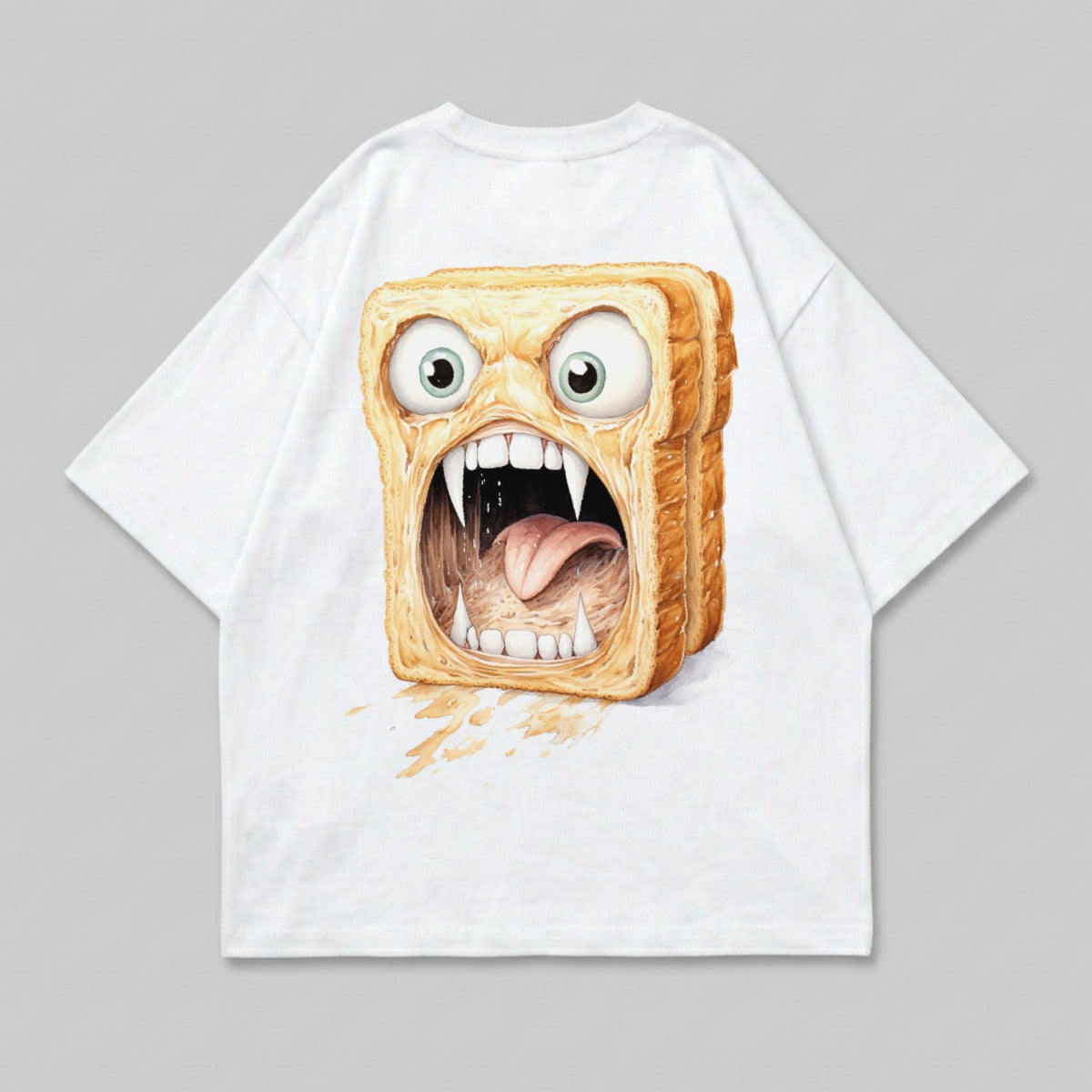 Screaming toast graphic on a white t-shirt.