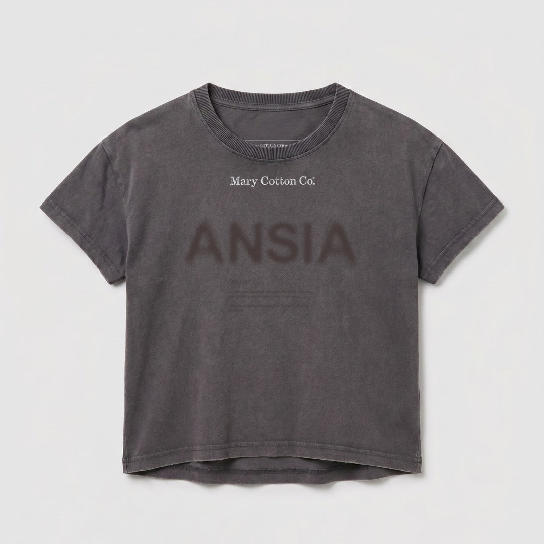 Gray cropped t-shirt with "Mary Cotton Co." and "ANSIA" printed on chest.
