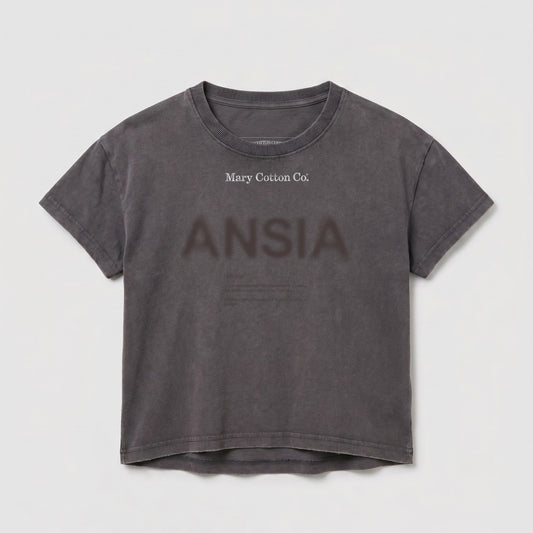 Gray cropped t-shirt with "Mary Cotton Co." and "ANSIA" printed on chest.
