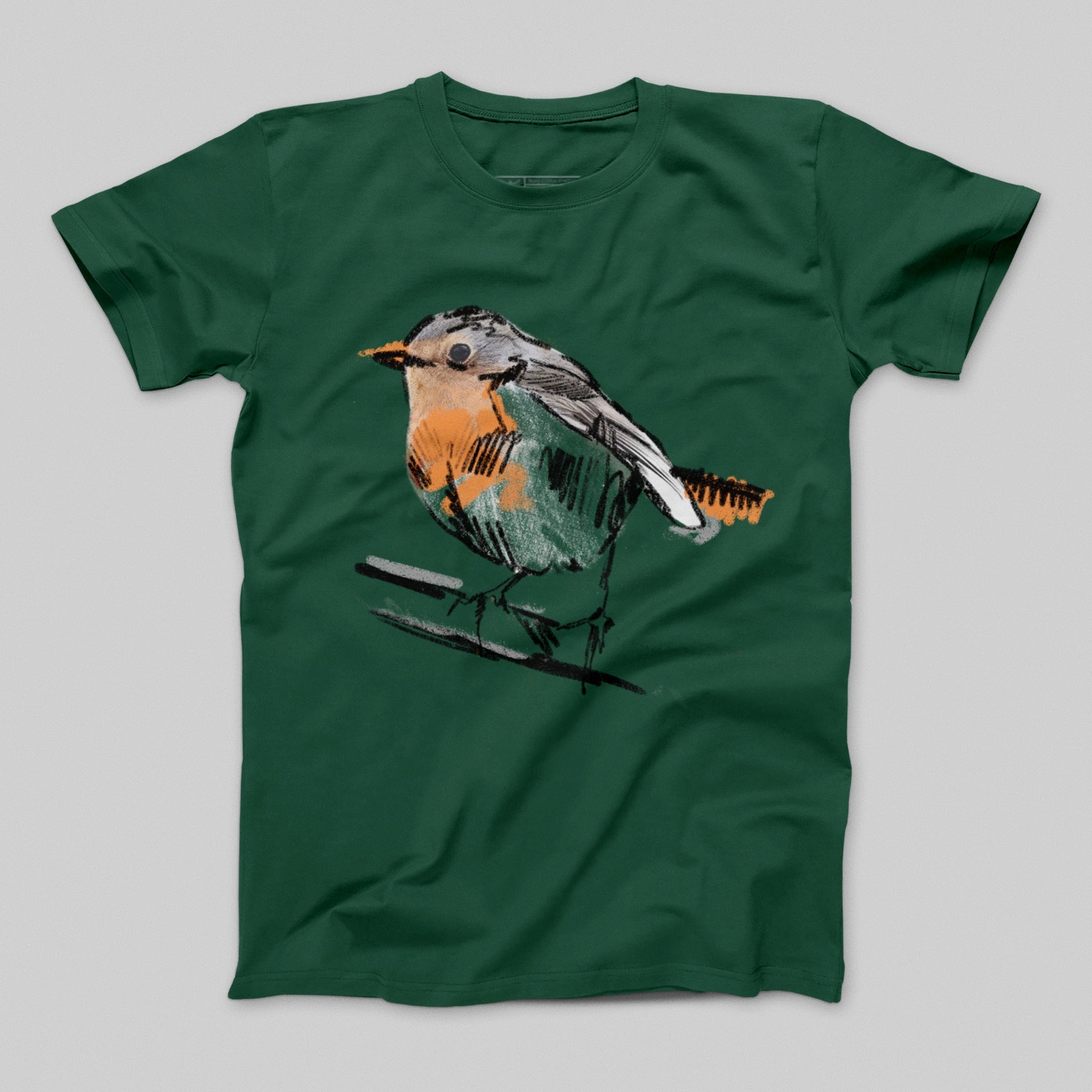 Green T-shirt with Artistic Bird Print Design