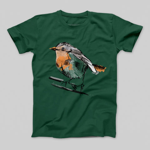 Green T-shirt with Artistic Bird Print Design