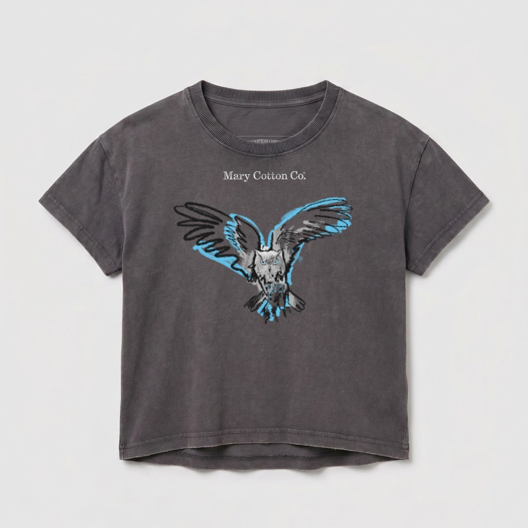 Dark grey t-shirt with a blue and black bird graphic and "Mary Cotton Co." text.