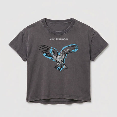Dark grey t-shirt with a blue and black bird graphic and "Mary Cotton Co." text.