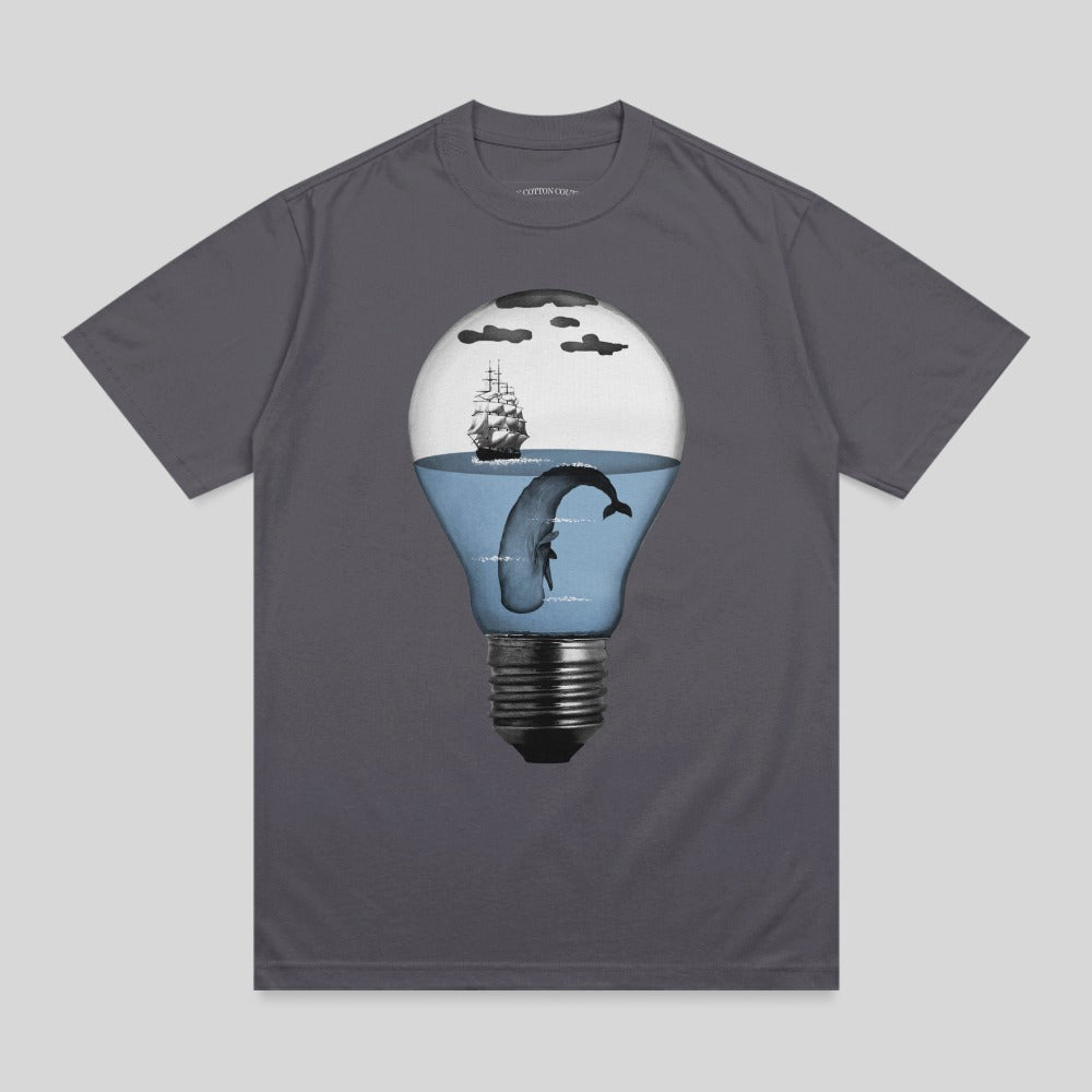 Whale jumping out of a lightbulb with ship and clouds.
