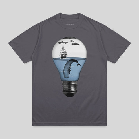 Whale jumping out of a lightbulb with ship and clouds.