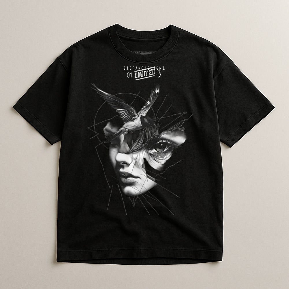 Artistic Face and Bird Graphic T-Shirt
