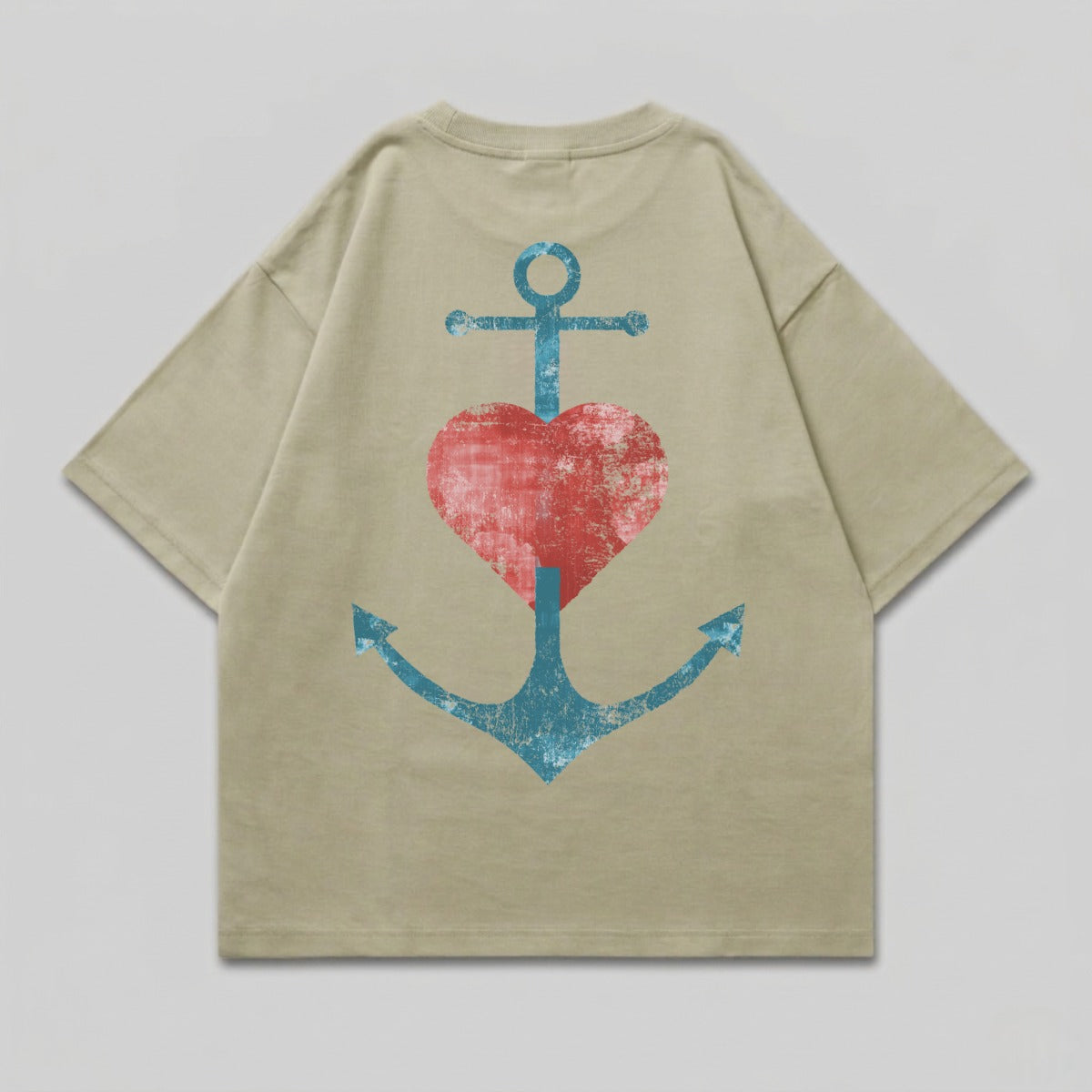 Khaki t-shirt with distressed anchor and heart graphic on back.