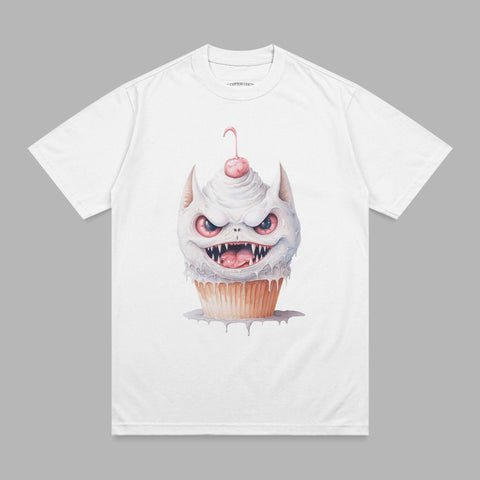White t-shirt with a fierce cupcake monster illustration and cherry on top.