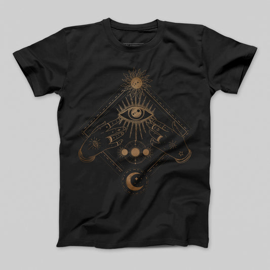 Mystical Design with Hand and Eye Black T-Shirt