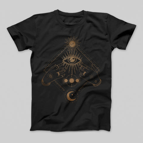 Mystical Design with Hand and Eye Black T-Shirt