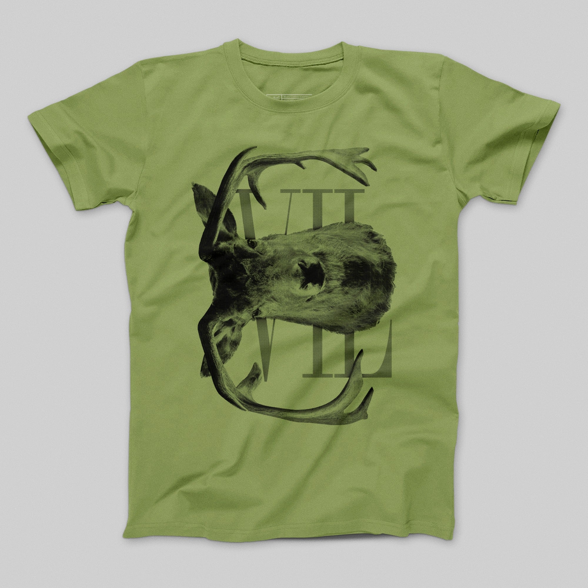 Green T-shirt with Antlered Animal and Roman Numerals