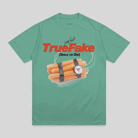 Green t-shirt with a bundle of carrots wrapped as a bomb, text "True Fake" above.