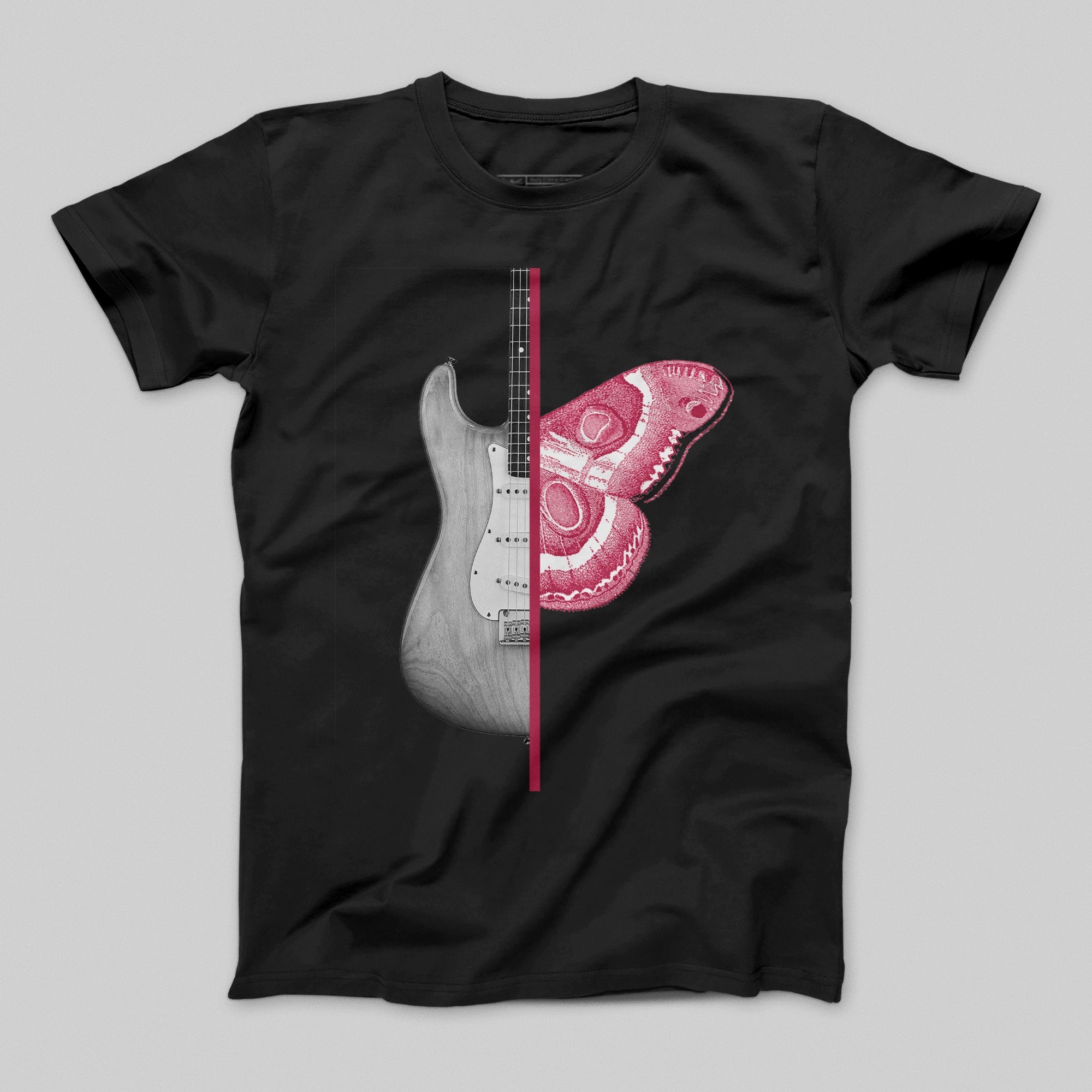 Dual Guitar and Moth Graphic Design T-shirt