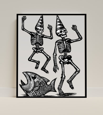 Dancing Skeletons with Fish Artwork Poster Print