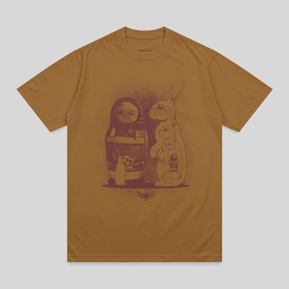 T-shirt with Russian nesting dolls and rabbits graphic design.