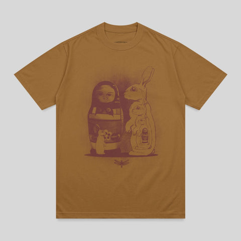 T-shirt with Russian nesting dolls and rabbits graphic design.