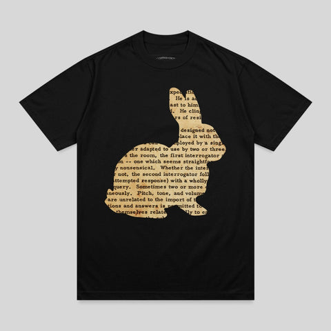 Rabbit silhouette filled with text from a book.