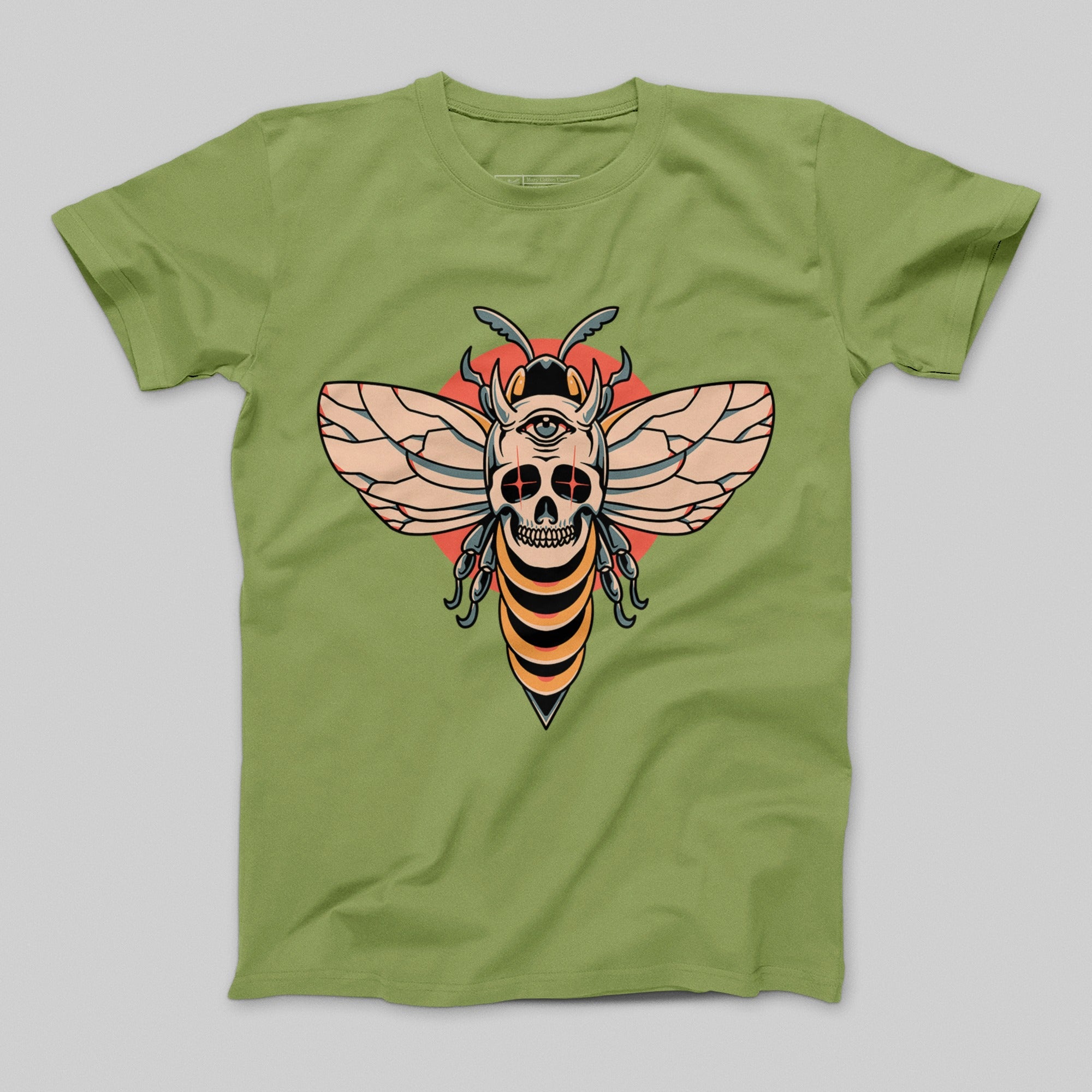 Green T-shirt with Intricate Skull Bee Design Artwork