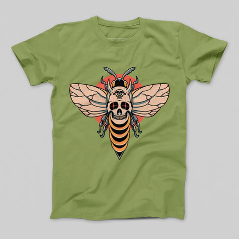 Green T-shirt with Intricate Skull Bee Design Artwork