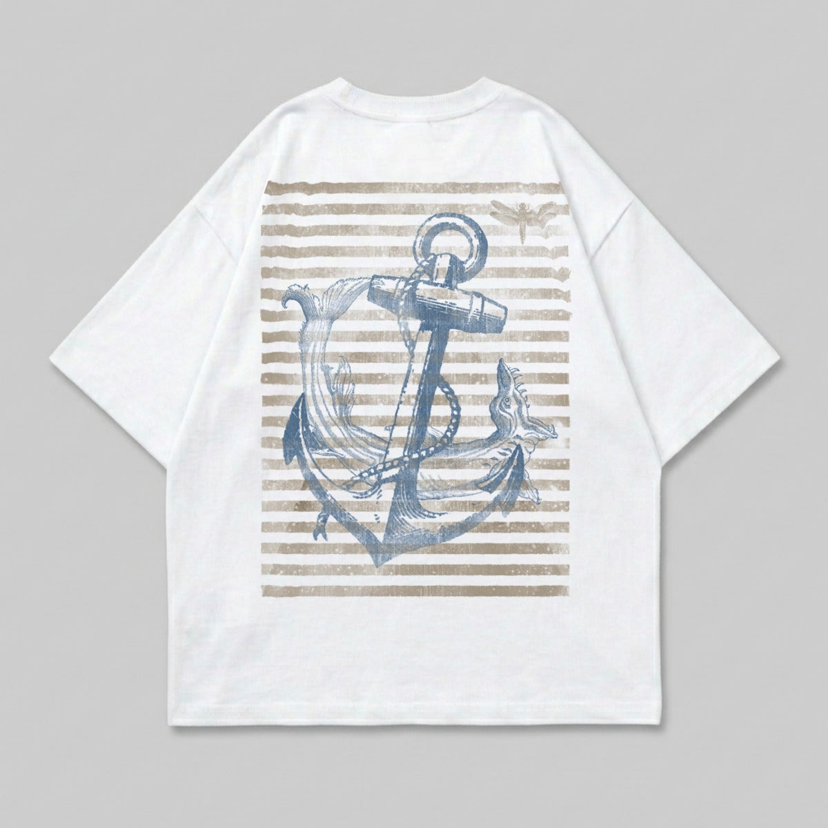 White t-shirt with vintage anchor and stripes graphic.