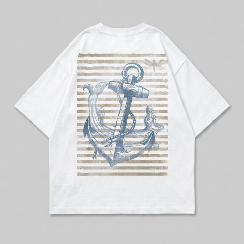 White t-shirt with vintage anchor and stripes graphic.