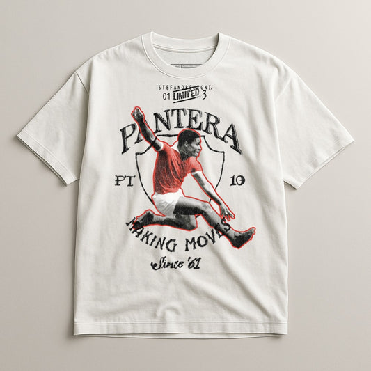 Vintage t-shirt with a graphic of a soccer player mid-air, text reads "PANTERA 01 LIMITED 3 PT 10 SINCE '61".