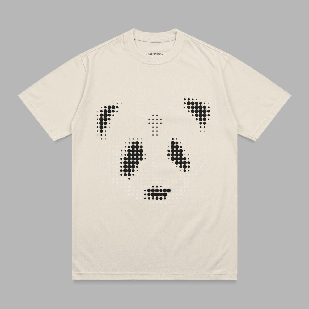 Cream t-shirt with a halftone dot panda face graphic.