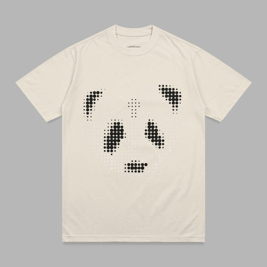 Cream t-shirt with a halftone dot panda face graphic.
