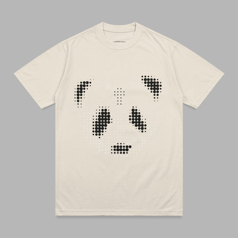 Cream t-shirt with a halftone dot panda face graphic.