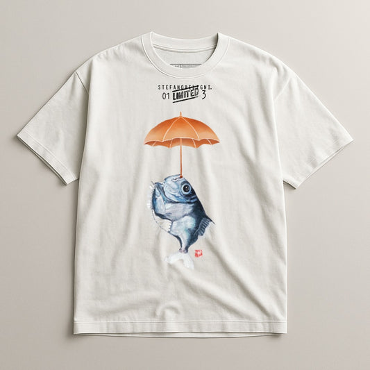 T-shirt with illustration of a fish holding an orange umbrella.