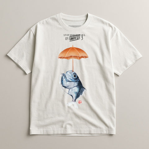 T-shirt with illustration of a fish holding an orange umbrella.