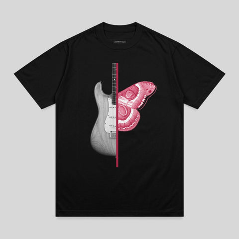 Black t-shirt featuring a graphic of a guitar and a pink butterfly wing.