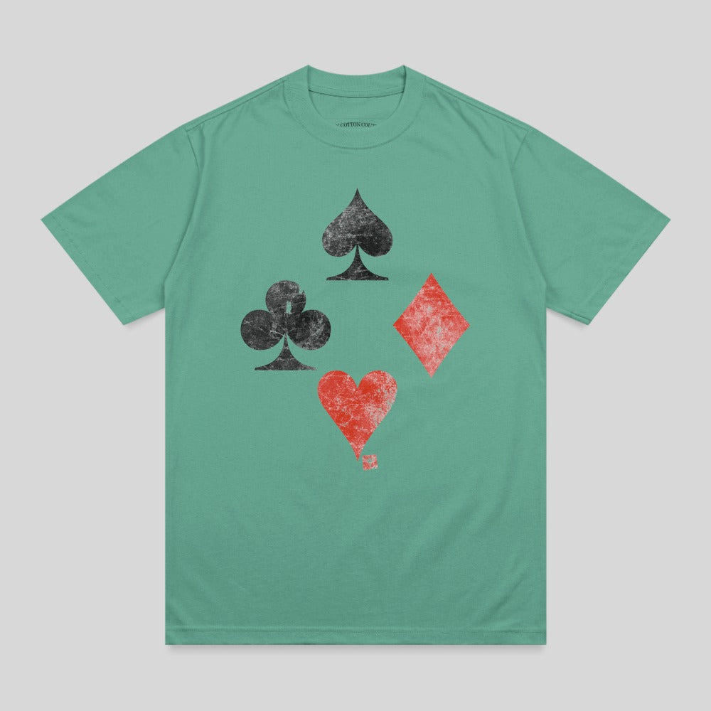 Green t-shirt with four distressed playing card suits: spade, club, diamond, heart.