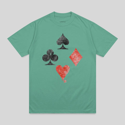 Green t-shirt with four distressed playing card suits: spade, club, diamond, heart.