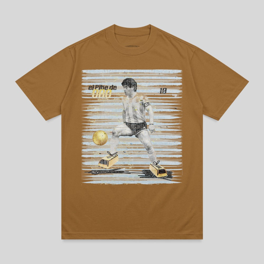 Brown t-shirt featuring Diego Maradona in action with soccer ball.