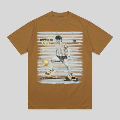 Brown t-shirt featuring Diego Maradona in action with soccer ball.
