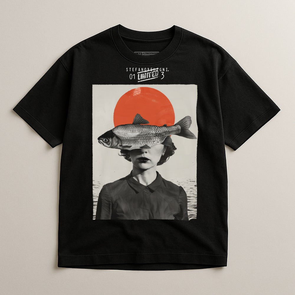 Surreal Artistic Graphic Tee with Fish and Portrait Print