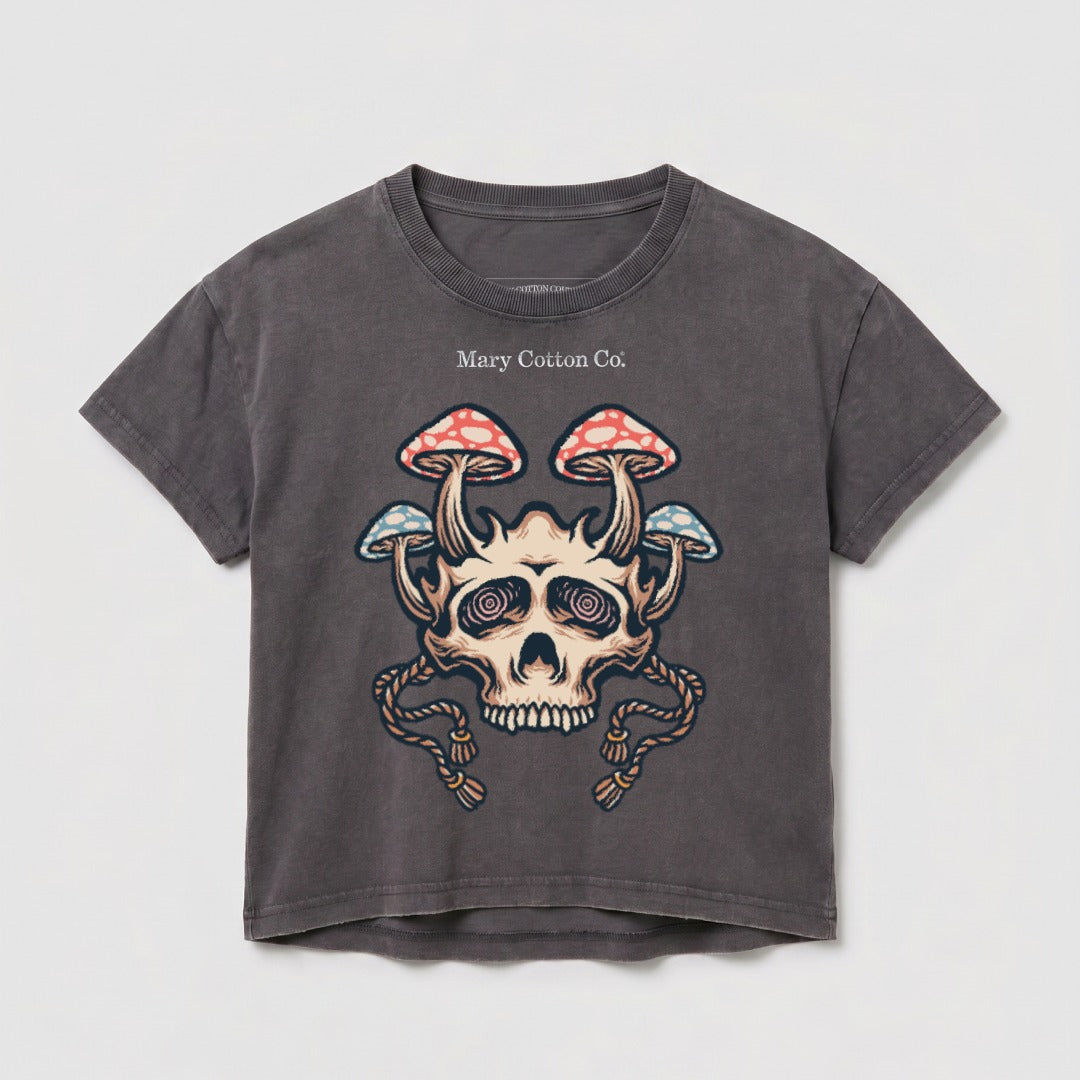 Gray t-shirt featuring a skull with mushrooms, rope accents, and "Mary Cotton Co." text.