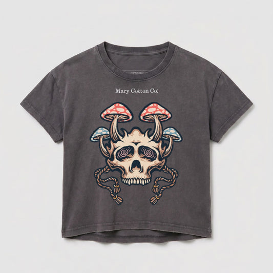 Gray t-shirt featuring a skull with mushrooms, rope accents, and "Mary Cotton Co." text.