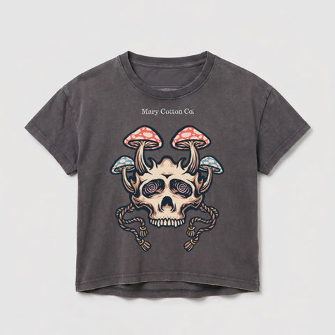 Gray t-shirt featuring a skull with mushrooms, rope accents, and "Mary Cotton Co." text.