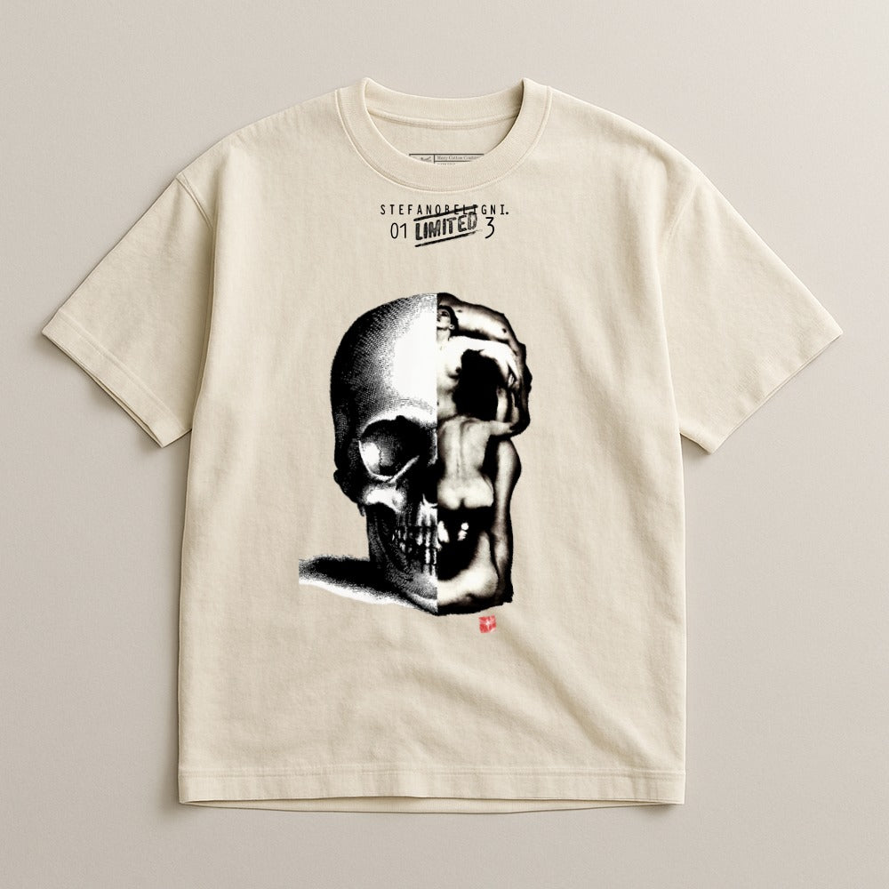 Cream t-shirt with graphic of a half skull and abstracted human figure.
