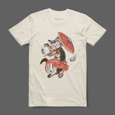 Playful Cat with Umbrella Modern Art Tee