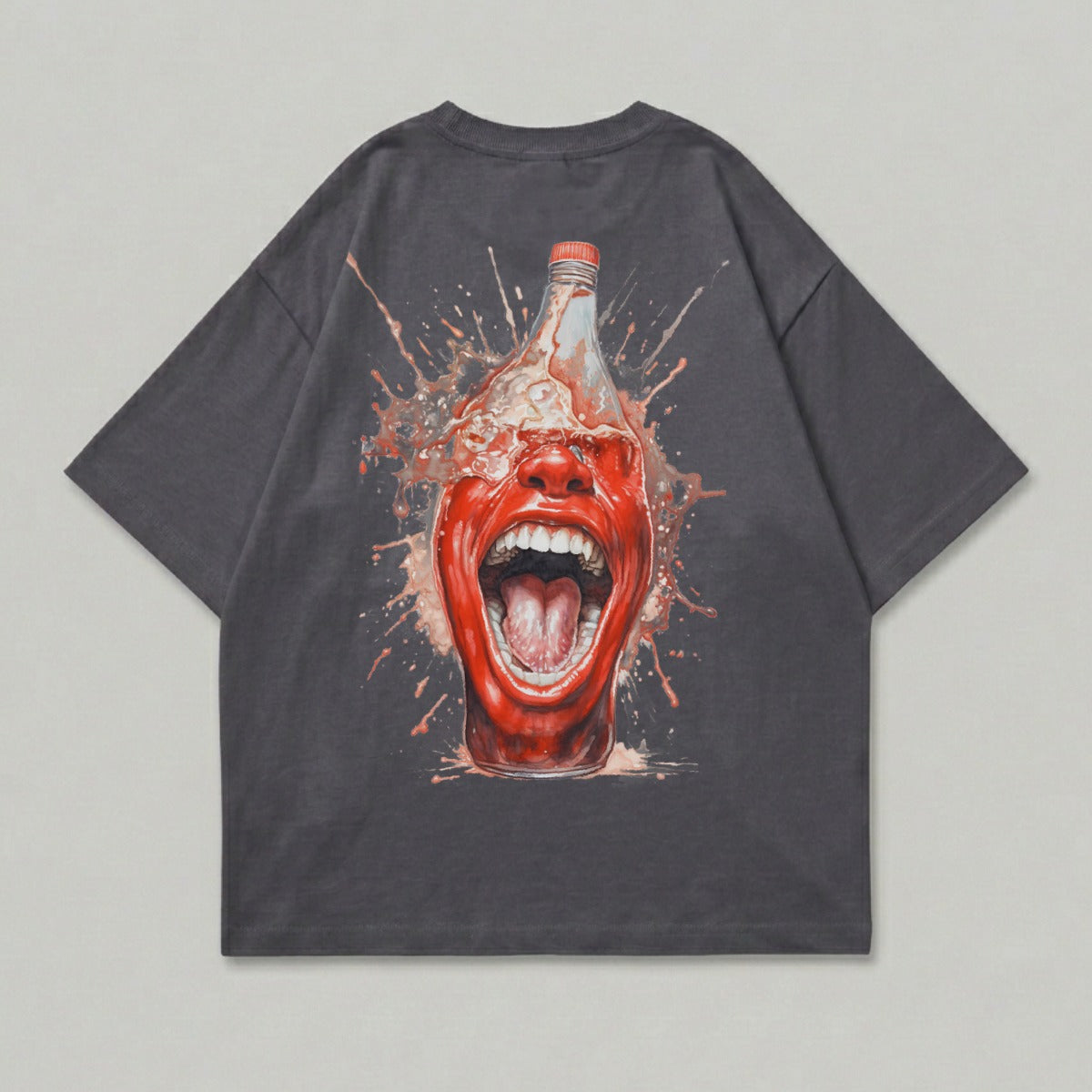 Dark t-shirt with graphic of a screaming mouth and bottle bursting with liquid.