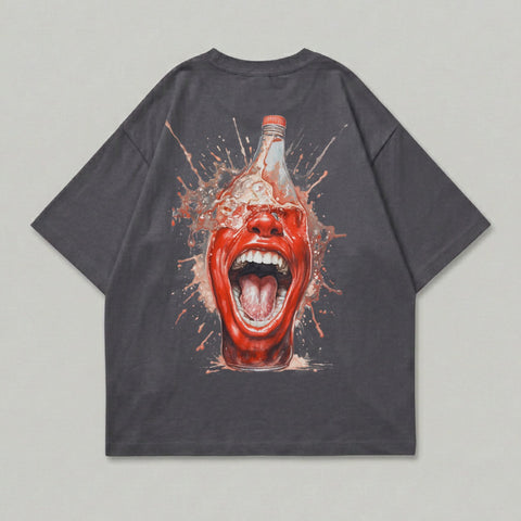 Dark t-shirt with graphic of a screaming mouth and bottle bursting with liquid.