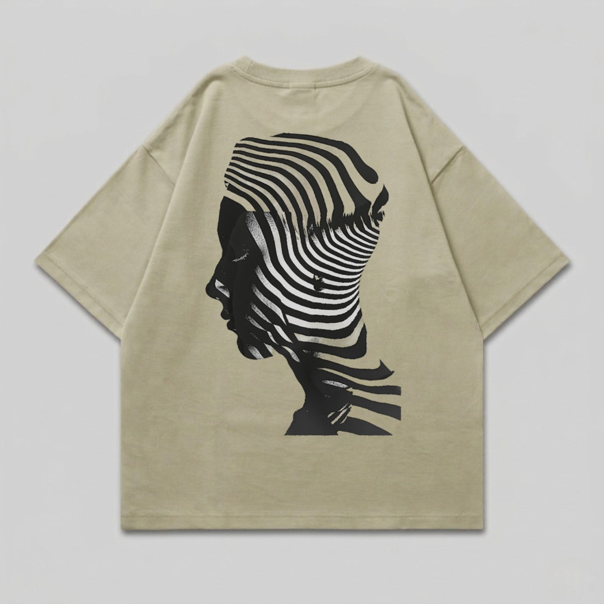 Abstract Optical Illusion Human Profile Print product type
Abstract, Optical Illusion, Striped Design, Human Profile, Graphic Print, Artistic, Modern Style, Unique Fashion, Streetwear, Edgy Apparel, Psychedelic Art, Contemporary Look, Statement Piece, Khaki Color, Beige Tee, Black White Print, Design Head, Visual Art, Profile Image, Illusionary