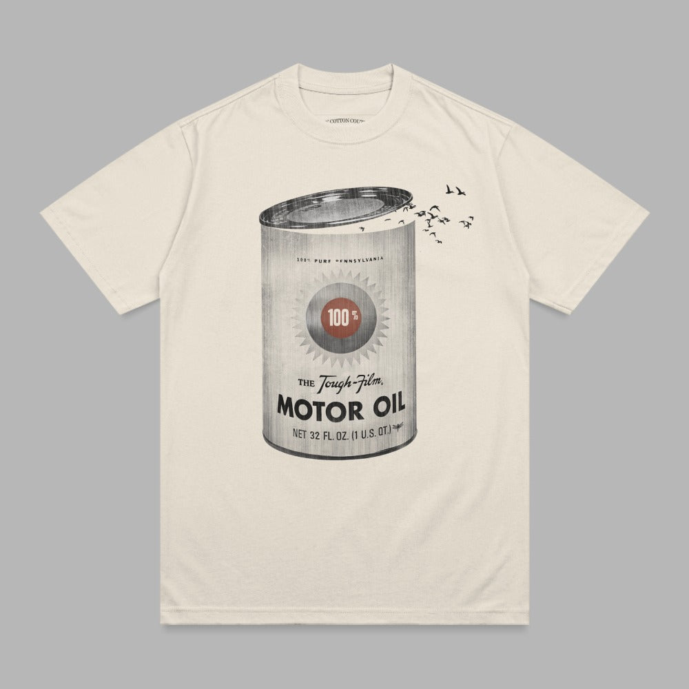 Cream t-shirt with vintage 100% Tough-Film Motor Oil can design.