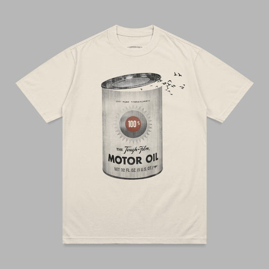 Cream t-shirt with vintage 100% Tough-Film Motor Oil can design.